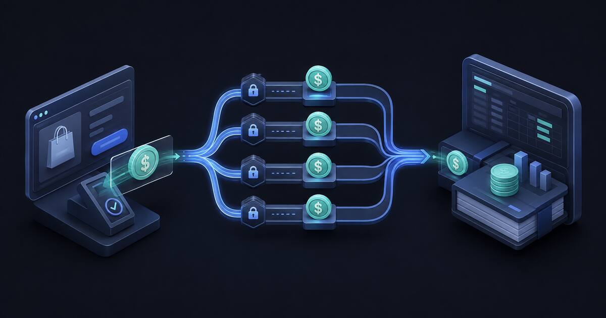 Flow from crypto checkout through routing, risk review, settlement, payout and reconciliation